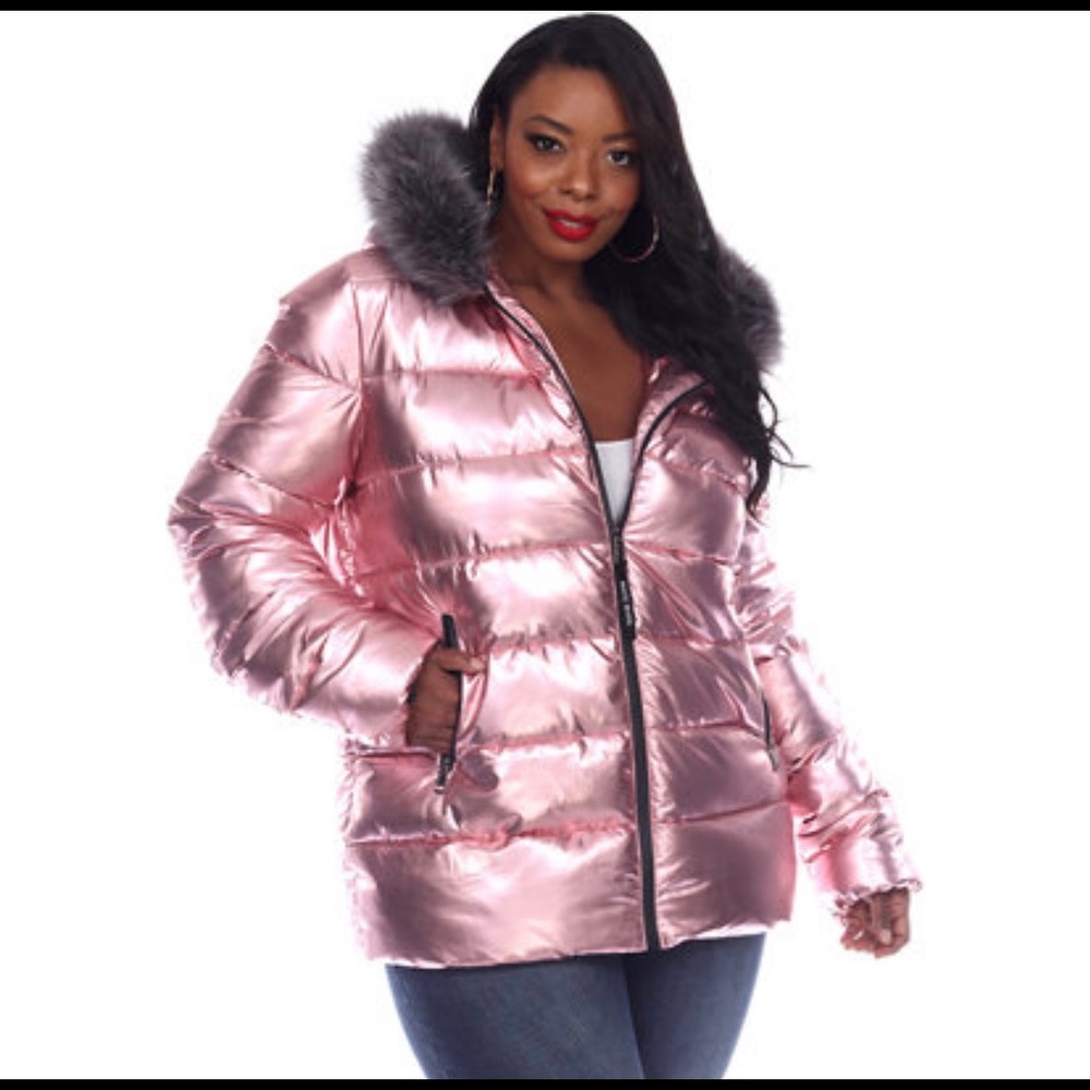 White Mark Metallic Puffer Coat